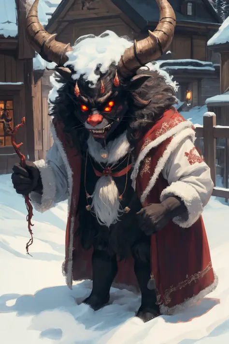 Krampus is a horned, anthropomorphic figure in the Central and Eastern Alpine folklore of Europe who, during the Advent season, scares children who have misbehaved., 8k, 4k, (highres:1.1), best quality;