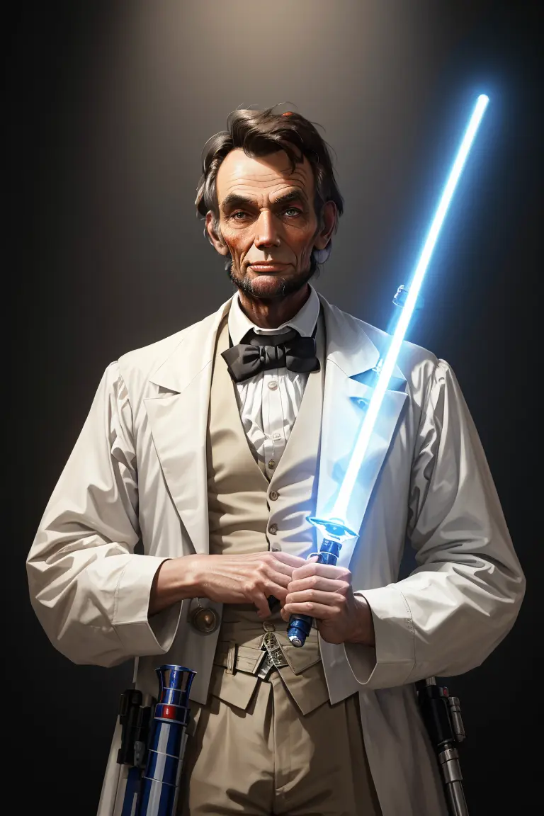 dreamlikeart Abraham Lincoln holding a light saber, 8k, 4k, (highres:1.1), best quality;