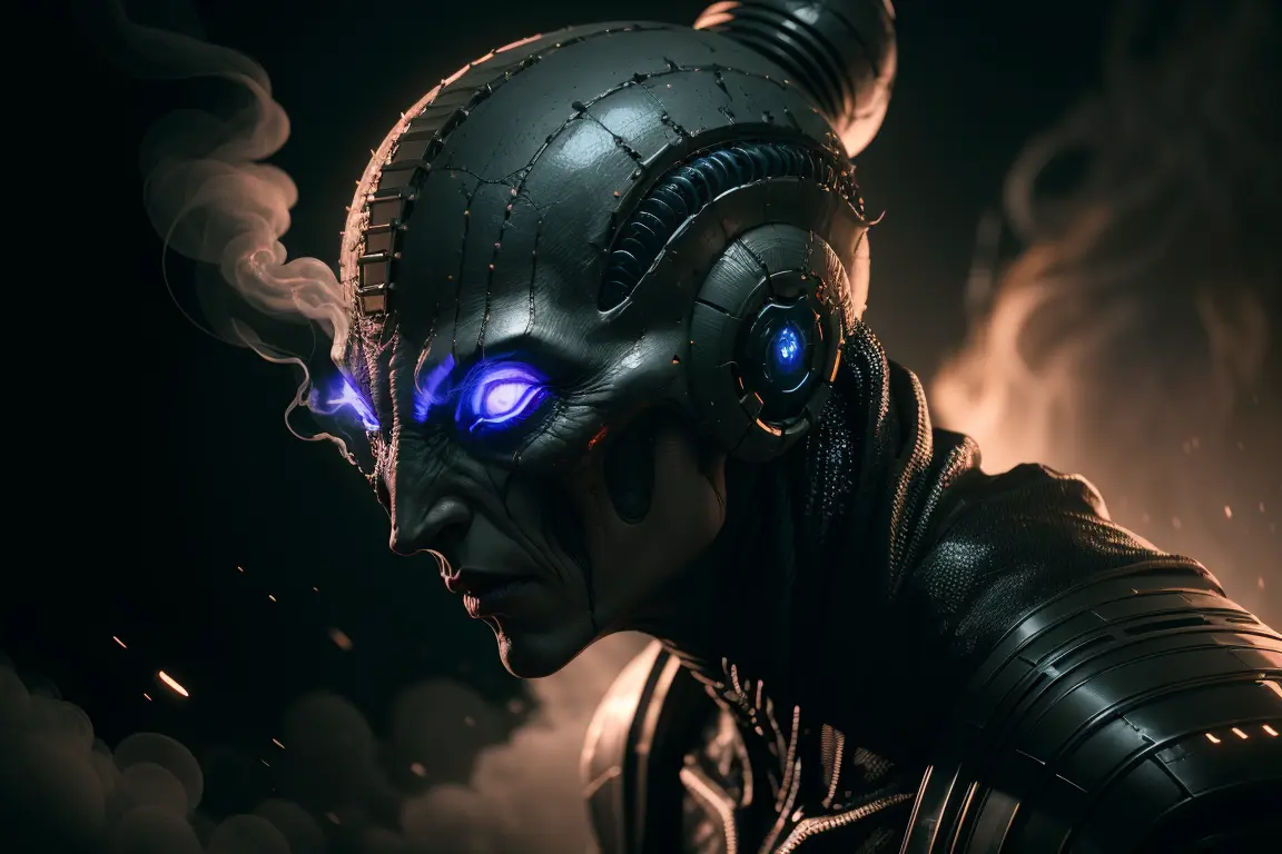 alien character, cinematic lighting, intricate details, octane rendering, dramatic smoke dark background, ring light, alex ross style art, trending on artstation featured on behance, unreal engine, 8k, 4k, (highres:1.1), best quality;