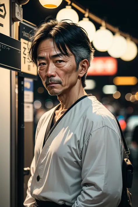 RAW photo, a portrait photo of 50 y.o japanese man in clothes, night tokyo, (high detailed skin:1.2), 8k uhd, dslr, soft lighting, high quality, film grain, Fujifilm XT3, 8k, 4k, (highres:1.1), best quality;