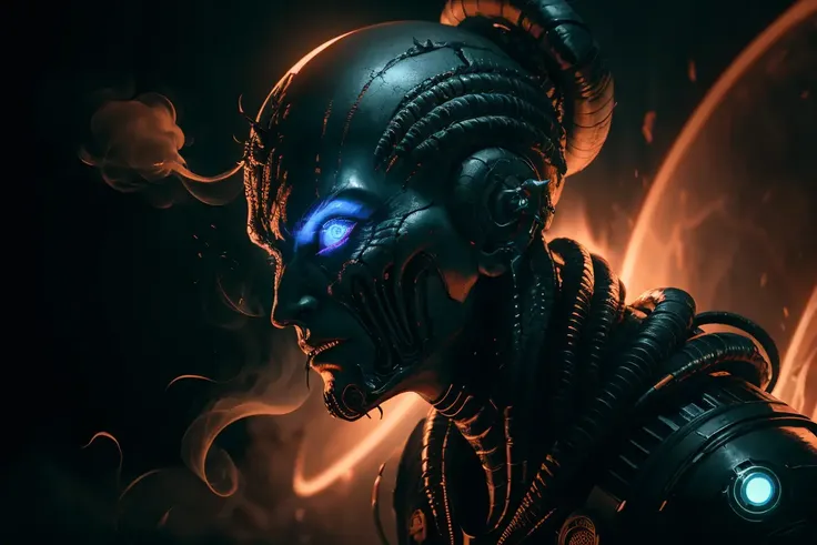 alien character, cinematic lighting, intricate details, octane rendering, dramatic smoke dark background, ring light, alex ross style art, trending on artstation featured on behance, unreal engine, 8k, 4k, (highres:1.1), best quality;