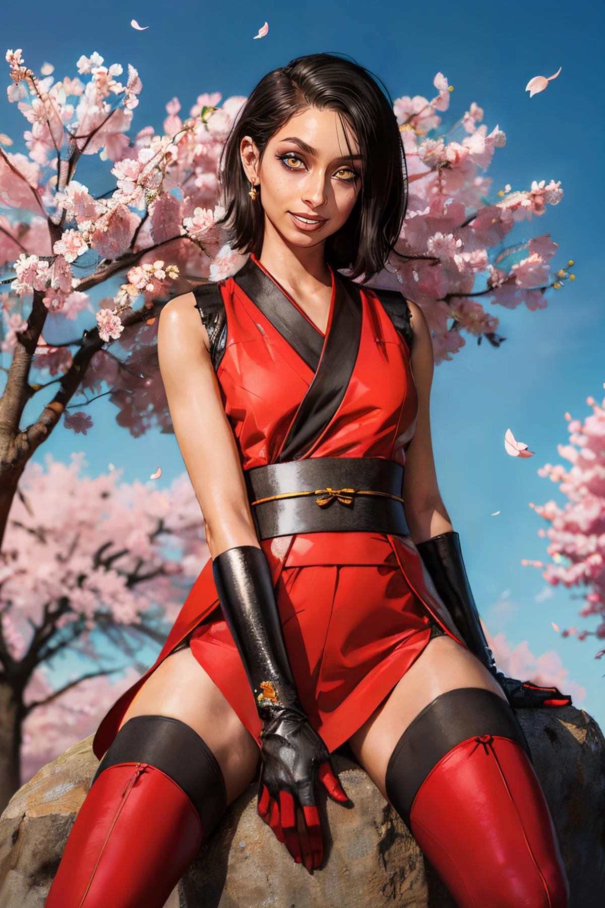 jyojifuku, Kuniichi, kimono, sleeveless, sash, gloves, thigh highs, floral print, red attire, <lora:kunoichi v1.0:.4> trilla, yellow eyes, short black hair, red lipstick, dark skinned female, looking at viewer, serious, smiling, sitting, spreading legs, on rock, outside, garden, cherry blossom, blue sky, high quality, masterpiece, <lora:Trilla-10v5:.7>