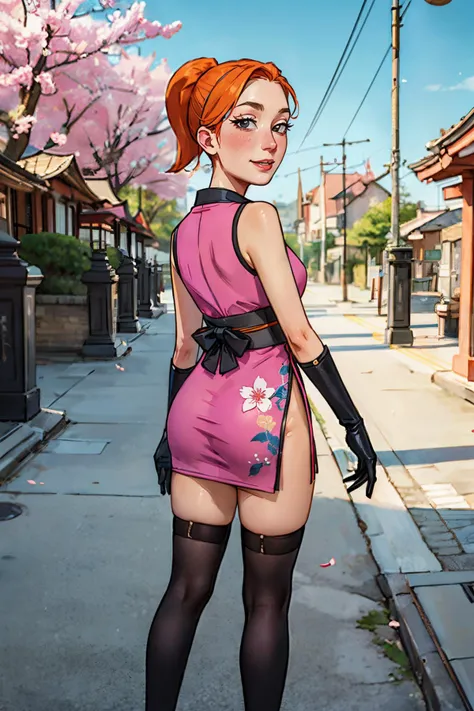 jyojifuku, Kuniichi, kimono, sleeveless, sash, gloves, thigh highs, floral print, pink attire, <lora:kunoichi v1.0:.4> summersmith, black eyes, orange hair, ponytail, medium breasts, looking at viewer, serious, smiling, blush, standing, from_behind, outside, stone path, cherry blossom, red torii, blue sky, high quality, masterpiece, <lora:summer(1.0):.6>