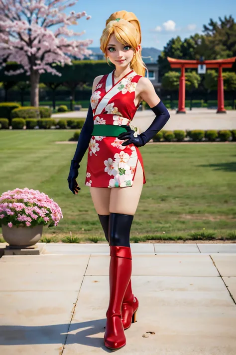 jyojifuku, Kuniichi, kimono, sleeveless, sash, gloves, thigh highs, floral print, red attire, <lora:kunoichi v1.0:.4> roll, green eyes, blonde hair, ponytail, small breasts, looking at viewer, smiling, standing, full body shot, outside, garden, cherry blossom, red torii, blue sky, high quality, masterpiece, <lora:megaman_roll_dblora_09:.9>
