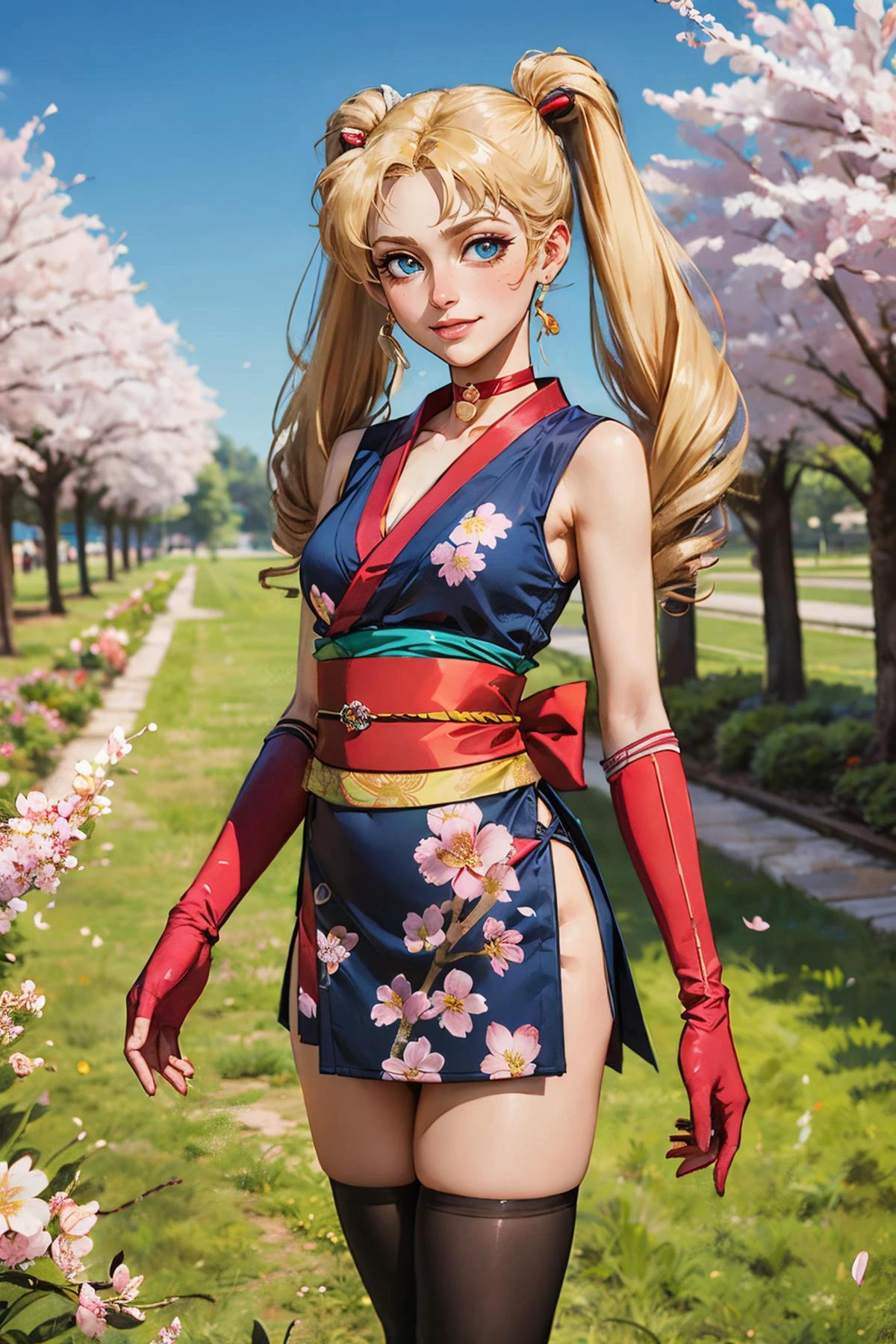 jyojifuku, Kuniichi, kimono, sleeveless, sash, gloves, thigh highs, floral print, <lora:kunoichi v1.0:.4> EPsmSailorMoon, blue eyes, blonde twintails, hair ornament, choker, looking at viewer, serious, smiling, standing, outside, garden, cherry blossom, grass, blue sky, high quality, masterpiece, <lora:EPsmSailorMoon-06:.7>