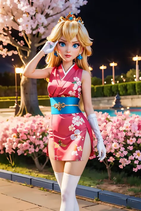 jyojifuku, Kuniichi, kimono, sleeveless, sash, gloves, thigh highs, floral print, <lora:kunoichi v1.0:.4> mppeach, blue eyes, long blonde hair, earrings, gold crown, looking at viewer, serious, smirk, standing, medium shot, outside, garden, pond, red torii, cherry blossom, night time, high quality, masterpiece, <lora:MPPeach:.7>