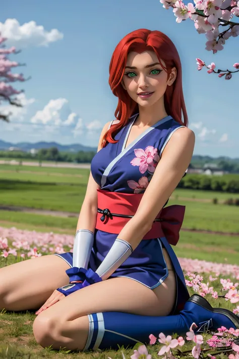 jyojifuku, Kuniichi, kimono, sleeveless, sash, gloves, thigh highs, floral print, blue attire, <lora:kunoichi v1.0:.4> starfire, orange skin, green eyes, long red hair, looking at viewer, serious, smiling, sitting, on grass, wariza, outside, cherry blossom, blue sky, high quality, masterpiece, <lora:CARTOON_DC_TN_StarfireAdult_ownwaifu-15:.7>