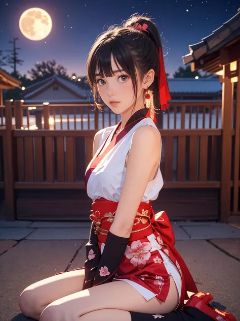 (masterpiece,ultra-detailed,best quality,8K,CG,illustration,shaved:1),(ite girl:1.2),temple,cherry blossom,night,moon,
<lora:kunoichi v1.0:0.6>,jyojifuku,kimono,kuniichi,gloves,thighhighs,ponytail,sitting,from_side,