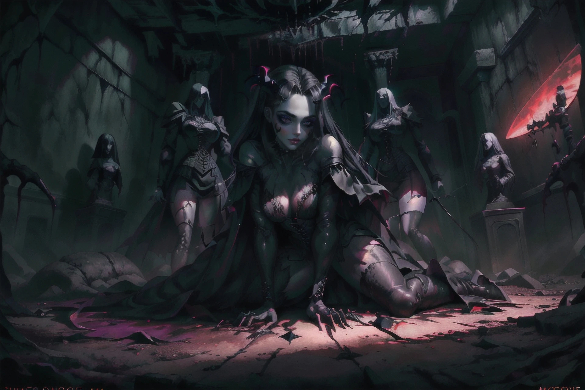 <lora:44-000011:0.666>darkness<lora:NeonNoir-000002:0.655>grim gothic castle, night, midnight, female vampire, spread legs, very pale skin, fangs, blood, neon lights, NeonNoir, high resolution, beautiful, masterpiece, DeepDarkestV1