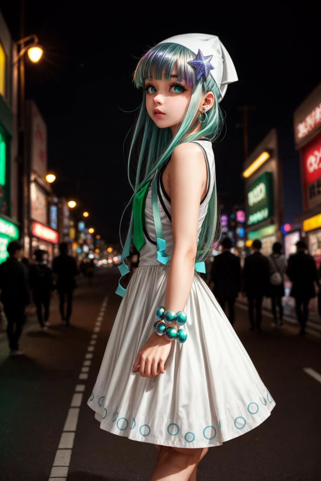 goth_punk, ikamusume, 1girl, solo, full body shot, walking in harajuku, ((night time)), bokeh, neon light, iridescent eyes, starry sky, white hair, white eyebrow, earrings, bangs, jewelry, blunt bangs, green eyes, blurry background, blurry, hair ornament, looking at viewer, short hair, portrait, sidelocks <lora:add_detail:1> <lora:Ikamusume:1>