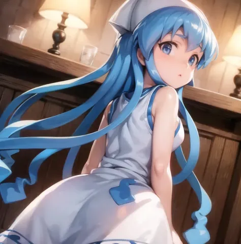 beautiful, masterpiece, best quality, extremely detailed face, perfect lighting, 1girl, solo, <lora:Ikamusume:1>, ikamusume, white dress, cowboy shot, from behind