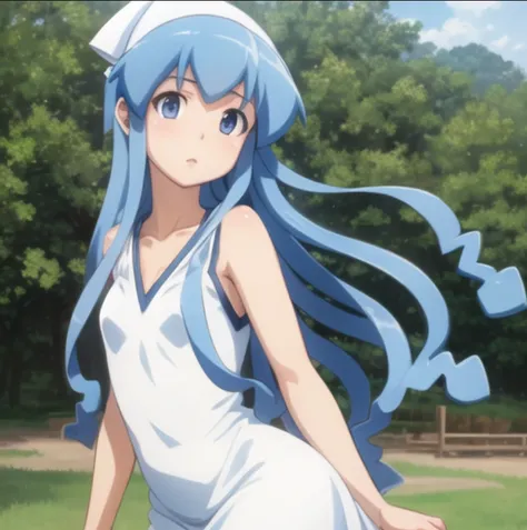 beautiful, masterpiece, best quality, extremely detailed face, perfect lighting, 1girl, solo, <lora:SquidGirlV2:0.9>, ikamusume, white dress, cowboy shot