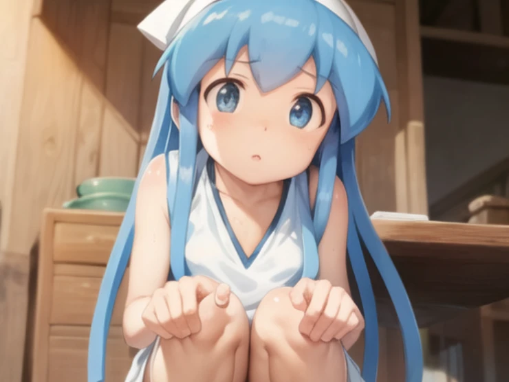 beautiful, masterpiece, best quality, extremely detailed face, perfect lighting, 1girl, solo, <lora:Ikamusume:1>, ikamusume, white dress, squatting,