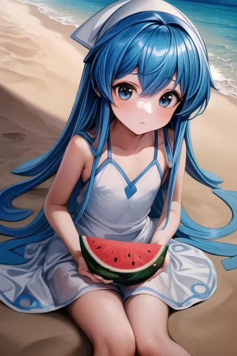 (masterpiece, best quality, highres, absurdres, ultra-detailed:1.4), 1girl, (AS-Young:1.0), (ikamusume, white dress, blue hair, chibi anime), <lora:Ikamusume:0.8><lora:LowRA:0.4>((holding watermelon, beach, clear water, sand)), <lora:add_detail_v1:0.85>