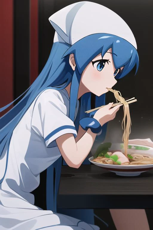 (masterpiece, best quality, highres, absurdres, ultra-detailed:1.4), 1girl, (ikamusume, white dress, from side), <lora:Ikamusume:0.8><lora:LowRA:0.4> <lora:ramen_v1.3:1>((eating ramen)), chopstick