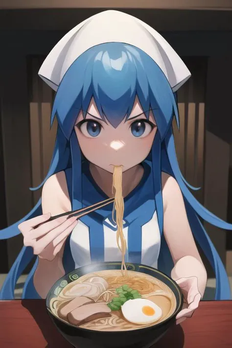 (masterpiece, best quality, highres, absurdres, ultra-detailed:1.4), 1girl, (ikamusume, white dress), <lora:Ikamusume:0.8><lora:LowRA:0.4> <lora:ramen_v1.3:1>((eating ramen)), chopstick