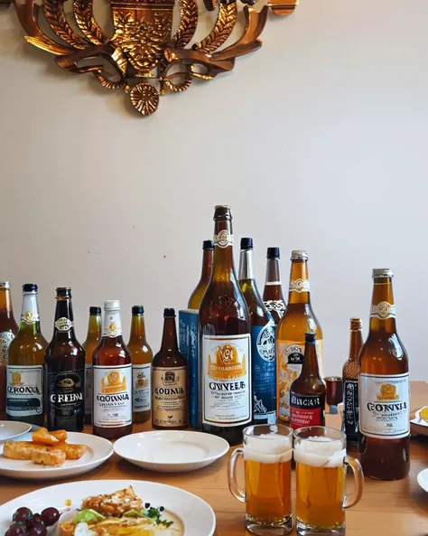 score_9,score_8_up,score_7_up,
a table topped with bottles of Corona beer and a plate of food, with a person standing to the left of the table. In the background, there is another table with various objects on it.