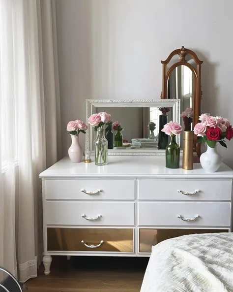 score_9,score_8_up,score_7_up,
a well-organized dresser or cabinet in a room. The dresser is white and has multiple drawers. On top of the dresser, there's a vase containing pink roses. Adjacent to the vase, there's a mirror. The dresser is filled with various beauty products, including bottles of perfumes, nail polishes, and other cosmetics. The room has a window, and the curtains are light-colored. The overall ambiance of the image is serene and elegant.