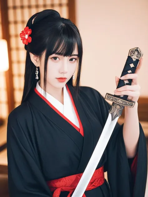 A woman in a black kimono with red accents, holding a sheathed sword. She has long dark hair adorned with flowers and earrings, looking at the viewer from an indoor setting with blurred background elements like furniture and decor.