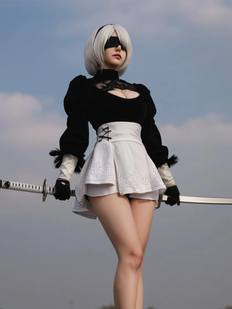 8K,Masterpiece,One woman,(Combat pose),Holding a naginata,Smile,30 years old,blue eyes,White Hair,Short Bob Hair,(Gothic Lolita),Dutch beauty,Ella Freya(Ella Freya),(White panties),2b, short hair, Knee socks, gloves, Long sleeve, dress, Slender figure, Cleavage, Small breasts, Gray Hair, hair band, boots, Puffy sleeves, black Knee socks, Black footwear, Mole, black dress, High heels, leotard, Clothing cutouts, thigh boots, Cleavage cutout, black hair band, Juliet Sleeve, high heel boots,Panty Shot