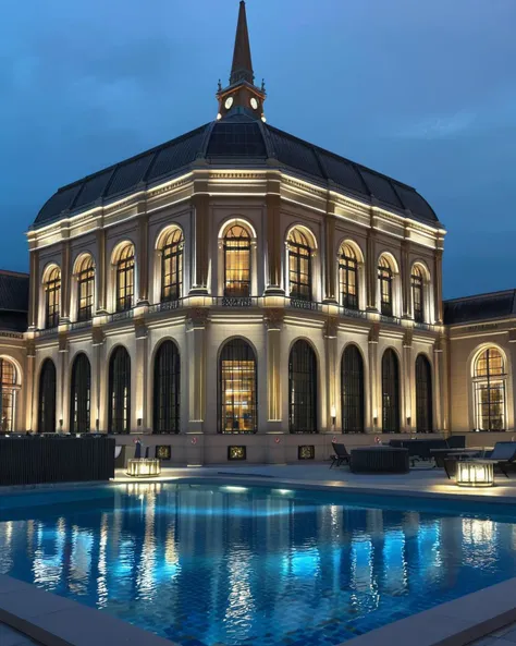 score_9,score_8_up,score_7_up,
a serene evening scene at a luxurious establishment. The primary focus is a large, illuminated conservatory with a glass roof, adorned with intricate designs and arches. The conservatory is adjacent to a swimming pool, which reflects the conservatory's lights. In the background, there's a tall building with a clock tower, suggesting the location might be in a city. The sky is a deep blue, indicating it might be evening or early morning. The overall ambiance is calm and sophisticated.