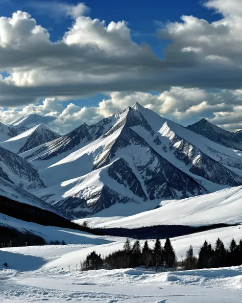 score_9,score_8_up,score_7_up,
a snow covered mountain range with a blue sky in the background. The snow is pristine and untouched, and the sky is filled with white, fluffy clouds. The mountains in the distance are also covered in a blanket of snow, creating a beautiful winter scene.