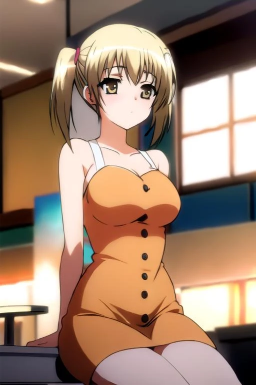 misaki shokuhou, blonde hair, hair between eyes, long hair, (symbol-shaped pupils:1.5), yellow eyes, white gloves, 1girl,18yo,good anatomy, masterpiece, best quality,realistic, hyperrealistic, 16k hdr, indoors, (naked nike apron:1.2),standing,(happy smile),large breasts,cleavage,leaning forward,from below