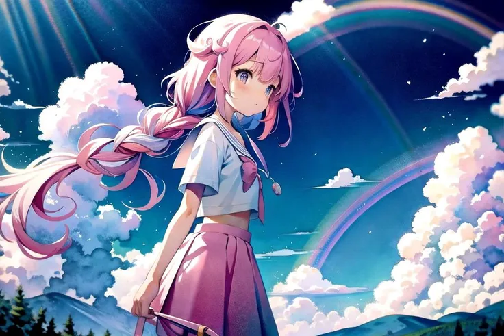 looking up , watercolor,(masterpiece:1.1),[Morning, Candyfloss Mountain, Climbing a lollipop rock formation, petite girl, small breasts, adventurous hazel eyes, long straight rainbow hair, wearing a candyfloss skirt with a crop top.], , , [[sweating]], [[tears]],,