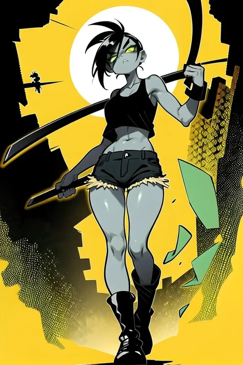 , cartoon,(masterpiece:1.1),[Morning, Toxic waste dump, wielding a machete, athletic female, fierce expression, green eyes, short spiky black hair, wearing a tank top, cargo pants, and combat boots.], [bioluminescent], adorable giant eyes, ,