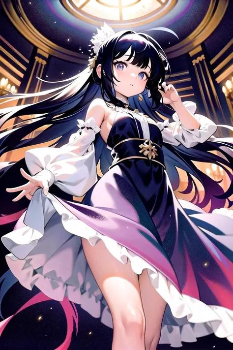 from below , best quality,(masterpiece:1.1),[The eccentric young girl twirled around in a flowing silk dress, her eyes shining with childlike wonder as she watched the iridescent colors of her dress shimmer in the light.], , , ,[cga colored lighting, raytracing, HDR]