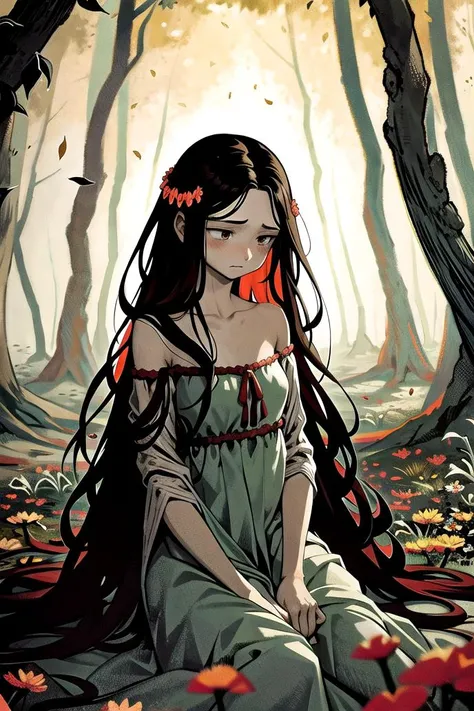 horror, cartoon,(masterpiece:1.1),[At dawn, in a clearing surrounded by wildflowers, a dryad with a willowy build, delicate features, deep brown eyes, long flowing hair made of leaves, and a dress made of bark and flowers.], , , [[sweating]], [[tears]],,