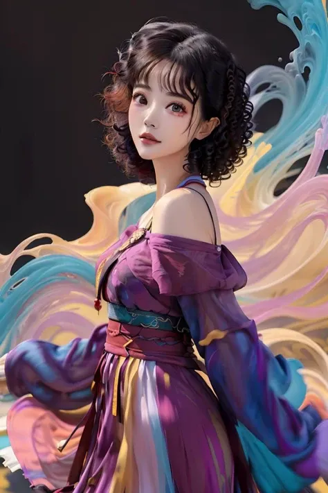 erjie<lora:Threesister-erjiev2:0.5>,hanfu,Abstract, 8K, photo shot from front, mid-body portrait, highly-detailed, girl in a fluid and dynamic pose, wearing a loose, flowing pink dress, mysterious expression, (curly colorful hair:1.6), [Zhang Ziyi|Aishwarya Rai], in a modern and abstract setting, with bold and colorful abstract art, blurred background, bright lighting