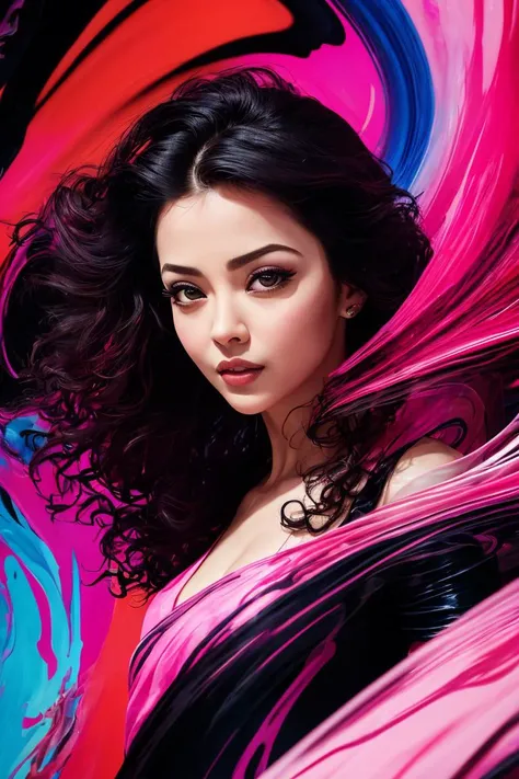 Abstract, 8K, photo shot from front, mid-body portrait, highly-detailed, girl in a fluid and dynamic pose, wearing a loose, flowing pink dress, mysterious expression, curly black hair, [Zhang Ziyi|Aishwarya Rai], in a modern and abstract setting, with bold and colorful abstract art, blurred background, bright lighting