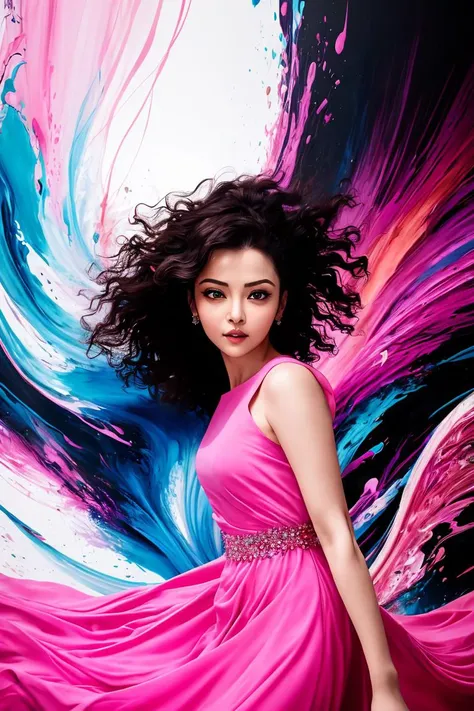 Abstract, 8K, photo shot from front, mid-body portrait, highly-detailed, girl in a fluid and dynamic pose, wearing a loose, flowing pink dress, mysterious expression, curly black hair, [Zhang Ziyi|Aishwarya Rai], in a modern and abstract setting, with bold and colorful abstract art, blurred background, bright lighting
