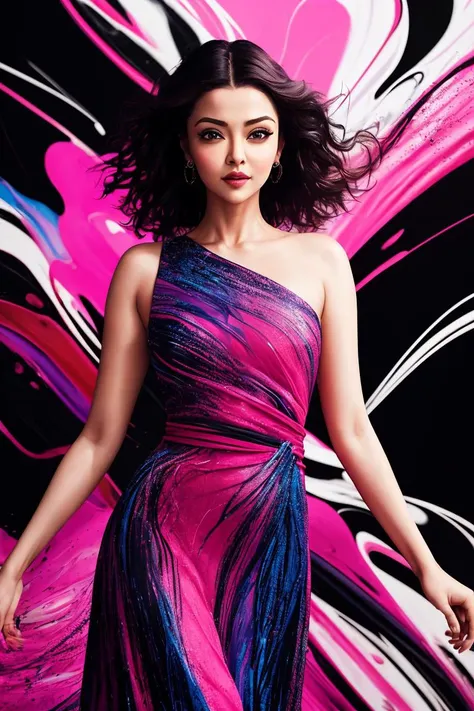 Abstract, 8K, photo shot from front, mid-body portrait, highly-detailed, girl in a fluid and dynamic pose, wearing a loose, flowing pink dress, mysterious expression, curly black hair, [Zhang Ziyi|Aishwarya Rai], in a modern and abstract setting, with bold and colorful abstract art, blurred background, bright lighting