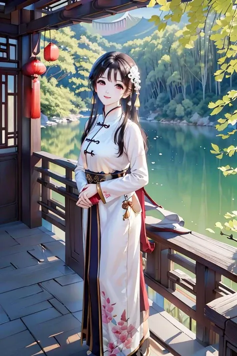((tachi-e)), original,(illustration:1.1),(best quality),(masterpiece:1.1), (extremely detailed CG unity 8k wallpaper:1.1),(ecchi0.5), (trees:0.5), (flowers:0.6) ,(birds:0.2), (bamboo0.1), lakes,(panorama shot:1.4),(full body:1.05),(solo:1.2), (ink splashing),(color splashing),((watercolor)), clear sharp focus,{ 1girl },((chinese style )),(flowers,woods),outdoors,rocks, looking at viewer, make happy expressions,soft smile,pure,beautyfull detailed face and eyes,beautyfull intricacy clothing decorative pattern details, black hair,black eyes,Hangzhou, wuchangshuo, wuchangshuo in background,erjie, <lora:Threesister-erjiev2:0.8>,<lora:moxin_1010:0.2>,((arms behind back)),sitting,
