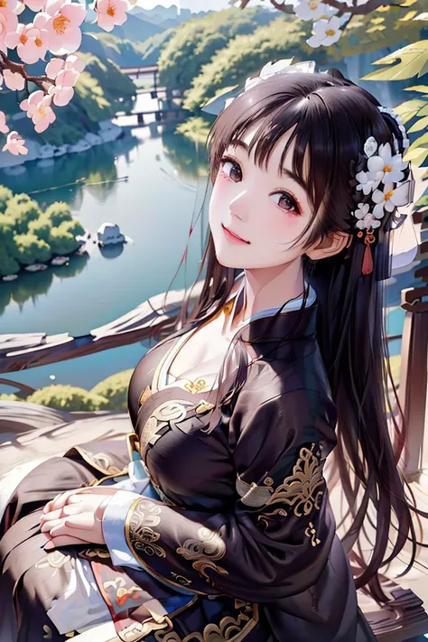 ((tachi-e)), original,(illustration:1.1),(best quality),(masterpiece:1.1), (extremely detailed CG unity 8k wallpaper:1.1),(ecchi0.5), (trees:0.5), (flowers:0.6) ,(birds:0.2), (bamboo0.1), lakes,(panorama shot:1.4),(full body:1.05),(solo:1.2), (ink splashing),(color splashing),((watercolor)), clear sharp focus,{ 1girl },((chinese style )),(flowers,woods),outdoors,rocks, looking at viewer, make happy expressions,soft smile,pure,beautyfull detailed face and eyes,beautyfull intricacy clothing decorative pattern details, black hair,black eyes,Hangzhou, wuchangshuo, wuchangshuo in background,erjie, <lora:Threesister-erjiev2:0.8>,<lora:moxin_1010:0.2>,((arms behind back)),sitting,