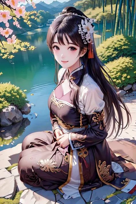 ((tachi-e)), original,(illustration:1.1),(best quality),(masterpiece:1.1), (extremely detailed CG unity 8k wallpaper:1.1),(ecchi0.5), (trees:0.5), (flowers:0.6) ,(birds:0.2), (bamboo0.1), lakes,(panorama shot:1.4),(full body:1.05),(solo:1.2), (ink splashing),(color splashing),((watercolor)), clear sharp focus,{ 1girl },((chinese style )),(flowers,woods),outdoors,rocks, looking at viewer, make happy expressions,soft smile,pure,beautyfull detailed face and eyes,beautyfull intricacy clothing decorative pattern details, black hair,black eyes,Hangzhou, wuchangshuo, wuchangshuo in background,erjie, <lora:Threesister-erjiev2:0.8>,<lora:moxin_1010:0.2>,((arms behind back)),sitting,