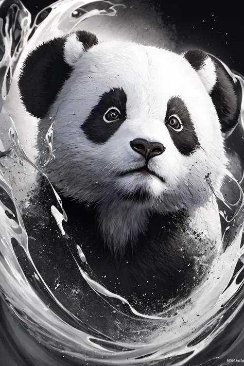 panda,made by liquid ink \(black and white\),fluid and dynamic pose,curly colorful blurred background,mysterious expression,abstract art,in a modern and abstract setting,bright lighting, official art, unity 8k wallpaper, ultra detailed, beautiful and aesthetic, masterpiece, best quality, photorealistic,