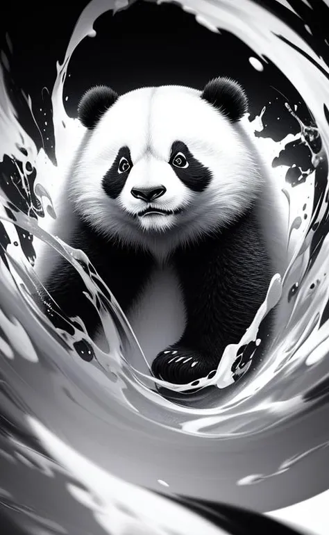 panda,made by liquid ink \(black and white\),fluid and dynamic pose,curly colorful blurred background,mysterious expression,abstract art,in a modern and abstract setting,bright lighting, official art, unity 8k wallpaper, ultra detailed, beautiful and aesthetic, masterpiece, best quality, photorealistic,