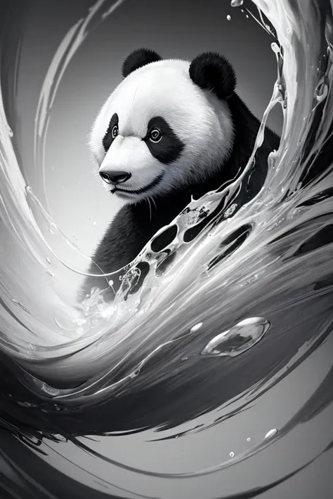 panda,made by liquid ink \(black and white\),fluid and dynamic pose,curly colorful blurred background,mysterious expression,abstract art,in a modern and abstract setting,bright lighting, official art, unity 8k wallpaper, ultra detailed, beautiful and aesthetic, masterpiece, best quality, photorealistic,