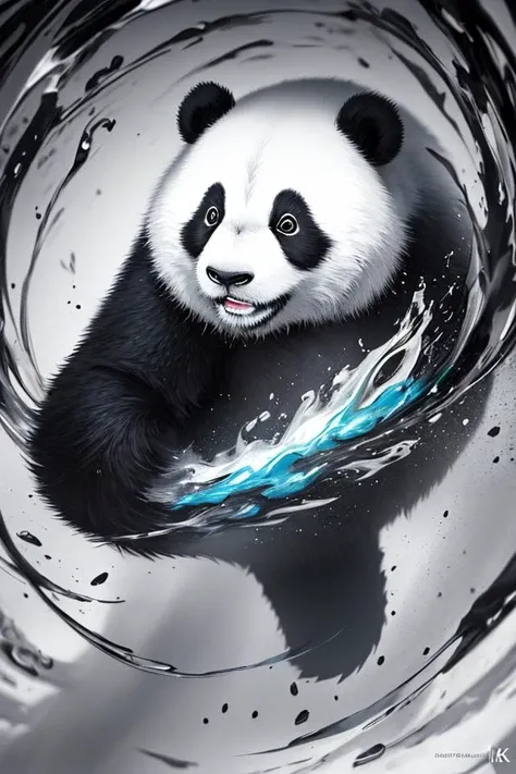 panda,made by liquid ink \(black and white\),fluid and dynamic pose,curly colorful blurred background,mysterious expression,abstract art,in a modern and abstract setting,bright lighting, official art, unity 8k wallpaper, ultra detailed, beautiful and aesthetic, masterpiece, best quality, photorealistic,