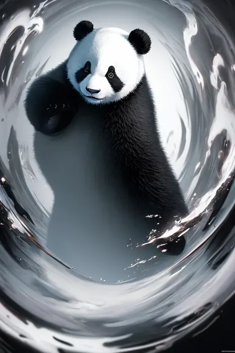panda,made by liquid ink \(black and white\),fluid and dynamic pose,curly colorful blurred background,mysterious expression,abstract art,in a modern and abstract setting,bright lighting, official art, unity 8k wallpaper, ultra detailed, beautiful and aesthetic, masterpiece, best quality, photorealistic,
