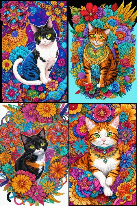 masterpiece, top quality, best quality, official art, beautiful and aesthetic, (cat catcore:1.3), extremely detailed, fractal art, colorful flowers, highest detailed, zentangle, dynamic pose, abstract background, many colors, earrings, feathers