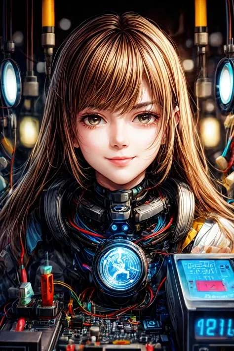 portrait512 Cyborg512 Tay512, electronics, motors, wires, buttons, lcd <lora:add_detail:2>