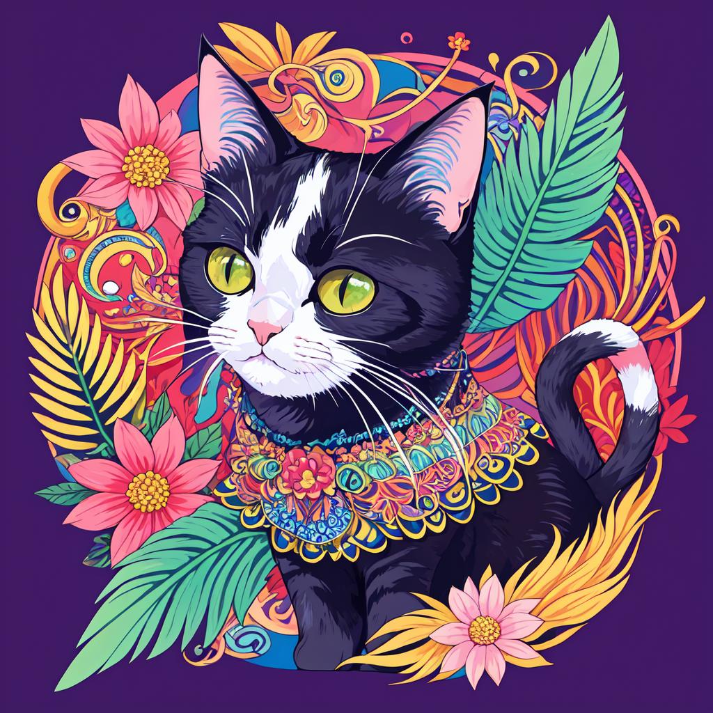 A close up of a cat with a collar and flowers - SeaArt AI