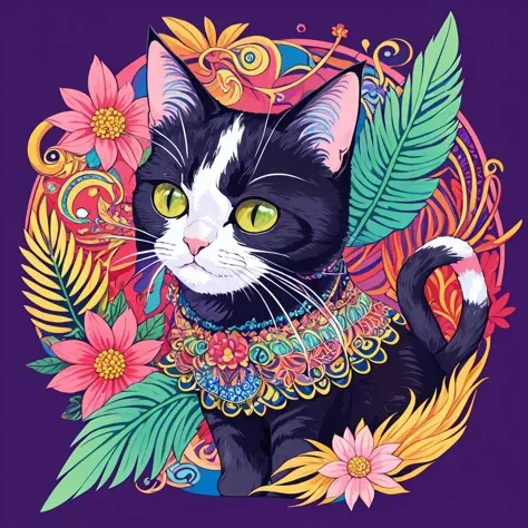 masterpiece, top quality, best quality, official art, beautiful and aesthetic, a wave scene and big weed buds around cat,(cat catcore:1.3), extremely detailed, fractal art, colorful flowers, highest detailed, zentangle, dynamic pose, abstract background, many colors, earrings, feathers,art for t-shirt,