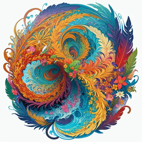 masterpiece, top quality, best quality, official art, beautiful and aesthetic, a wave scene and big weed buds around cat,(cat catcore:1.3), extremely detailed, fractal art, colorful flowers, highest detailed, zentangle, dynamic pose, abstract background, many colors, earrings, feathers,art for t-shirt,