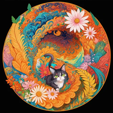 masterpiece, top quality, best quality, official art, beautiful and aesthetic, a wave scene and big weed buds around cat,(cat catcore:1.3), extremely detailed, fractal art, colorful flowers, highest detailed, zentangle, dynamic pose, abstract background, many colors, earrings, feathers,art for t-shirt,
