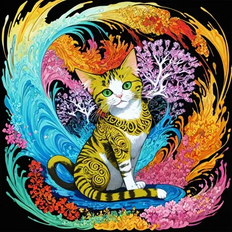 masterpiece, top quality, best quality, official art, beautiful and aesthetic, a wave scene and big weed buds around cat,(cat catcore:1.3), extremely detailed, fractal art, colorful flowers, highest detailed, zentangle, dynamic pose, abstract background, many colors, earrings, feathers,art for t-shirt,